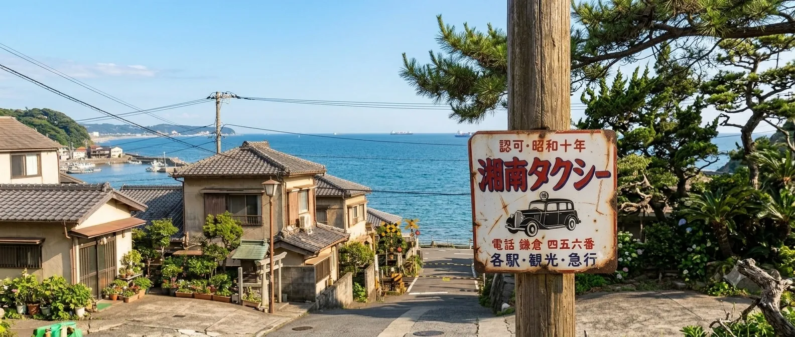 海へ続く湘南の坂道、江ノ電、そしてレトロな湘南タクシーの看板